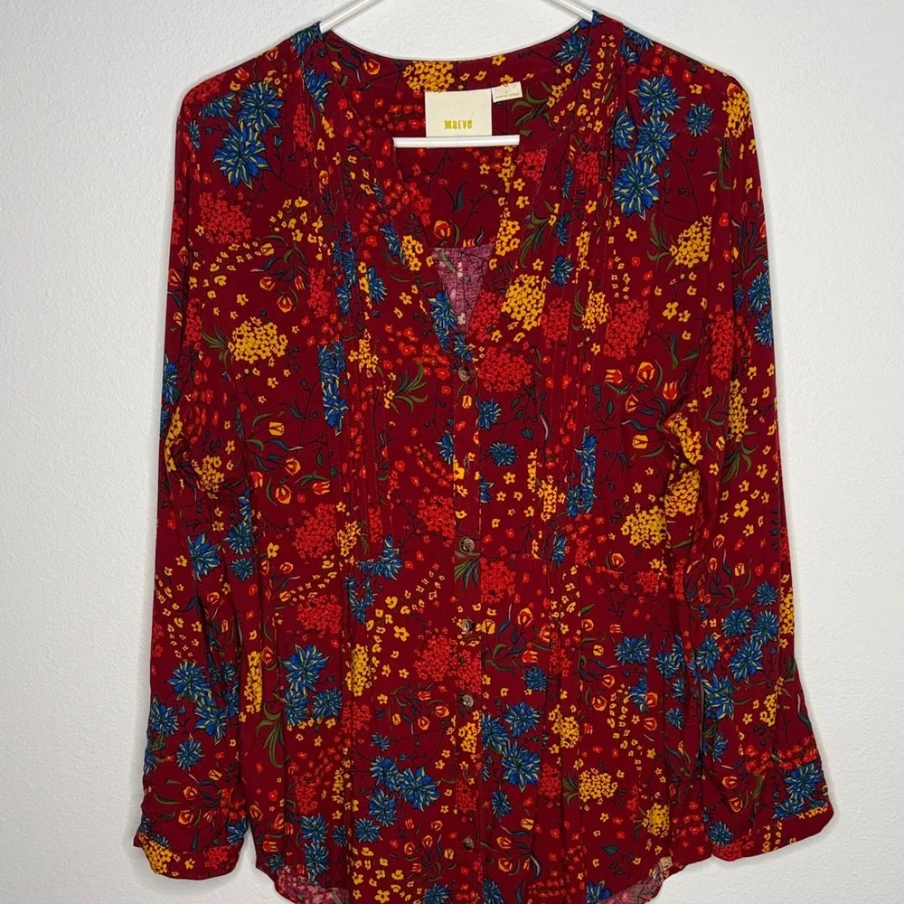 Anthropologie Maeve Red Floral Button Down Blouse Size Large - Picture 1 of 7